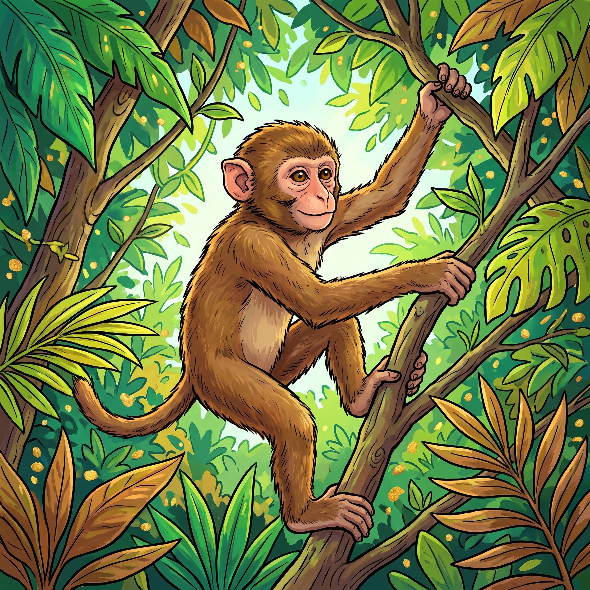Macaque climbing a tree in bright foliage