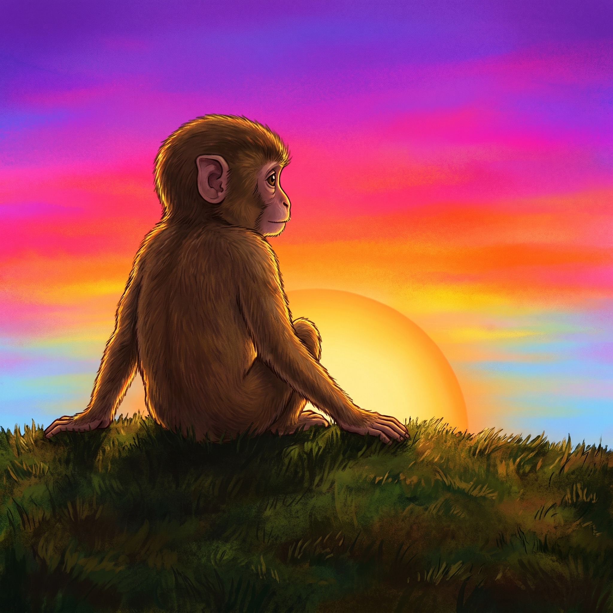 Macaque watching a vivid sunset from a hill