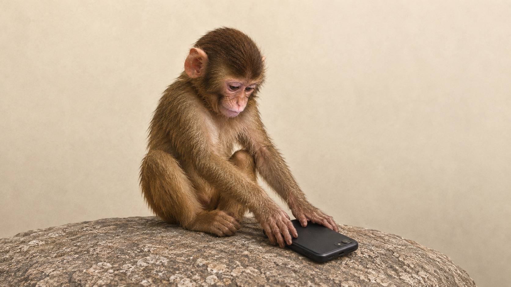 Young macaque putting a smartphone face-down on a rock
